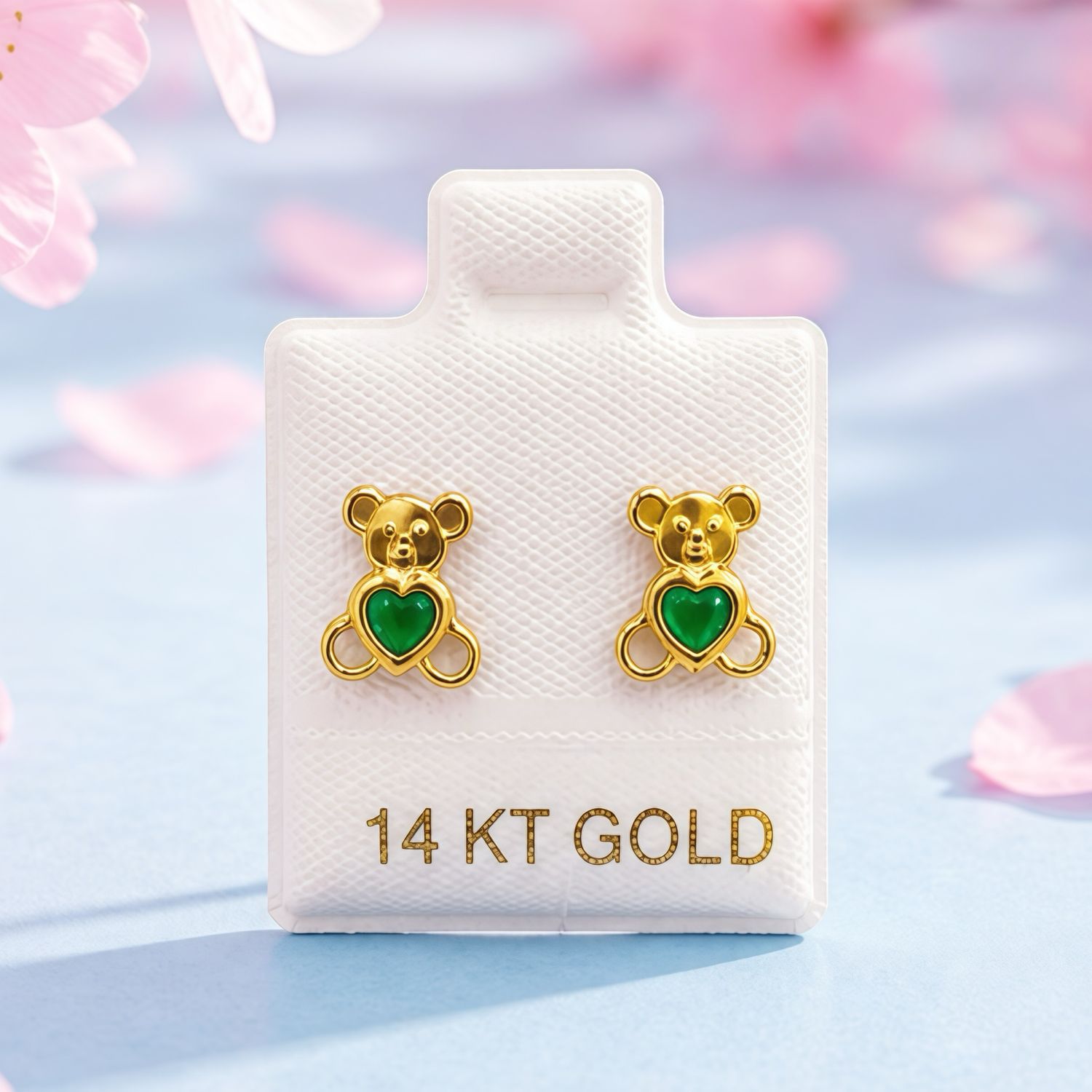 Broquel Osito Corazon Verde Oro 14K Mexicano