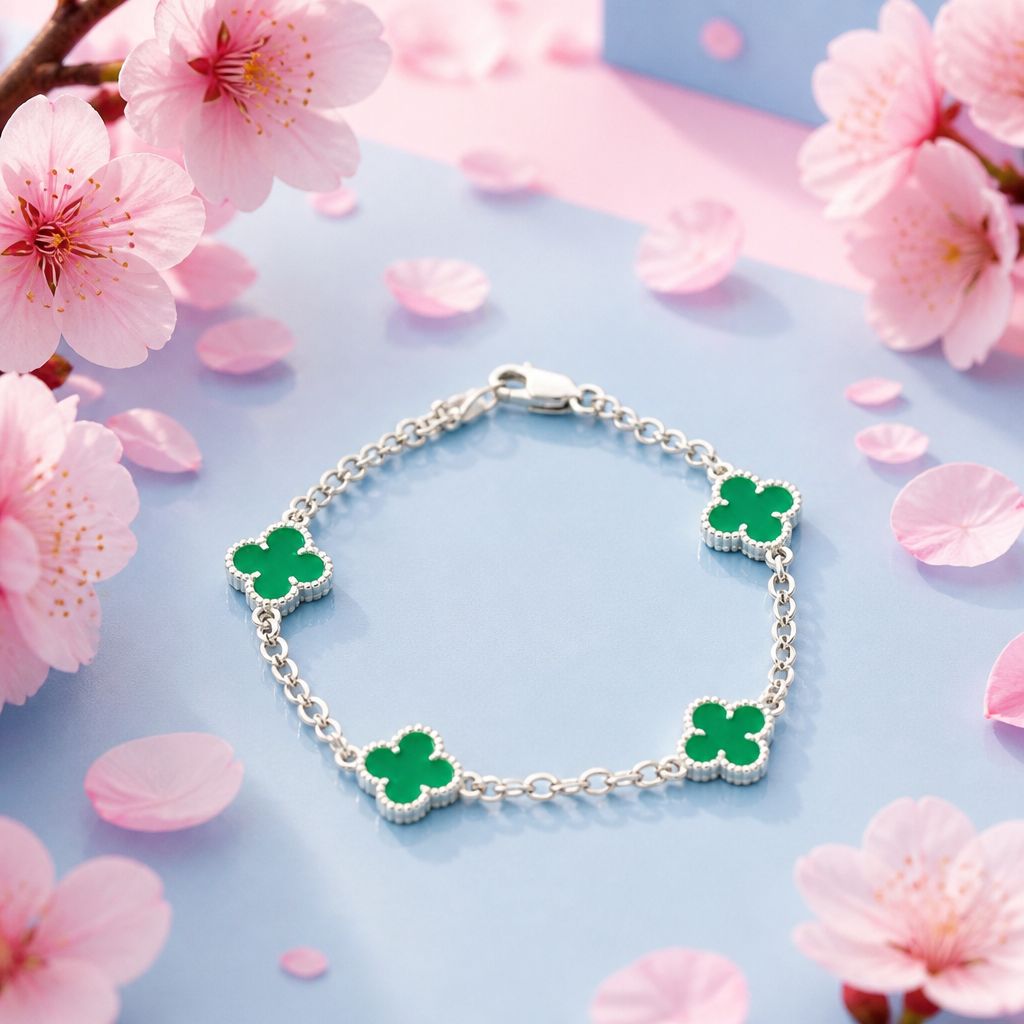 Pulsera Trébol mide 5.5 de largo color Verde Plata 925 MX