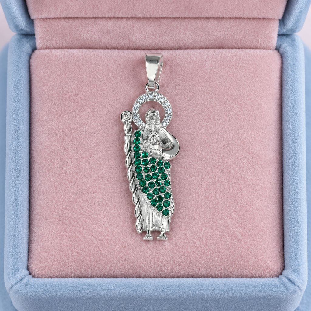 Dije San Judas Manto Verde 4.5 cm Plata 925 mexicana, ideal para cadenas de 4mm de ancho