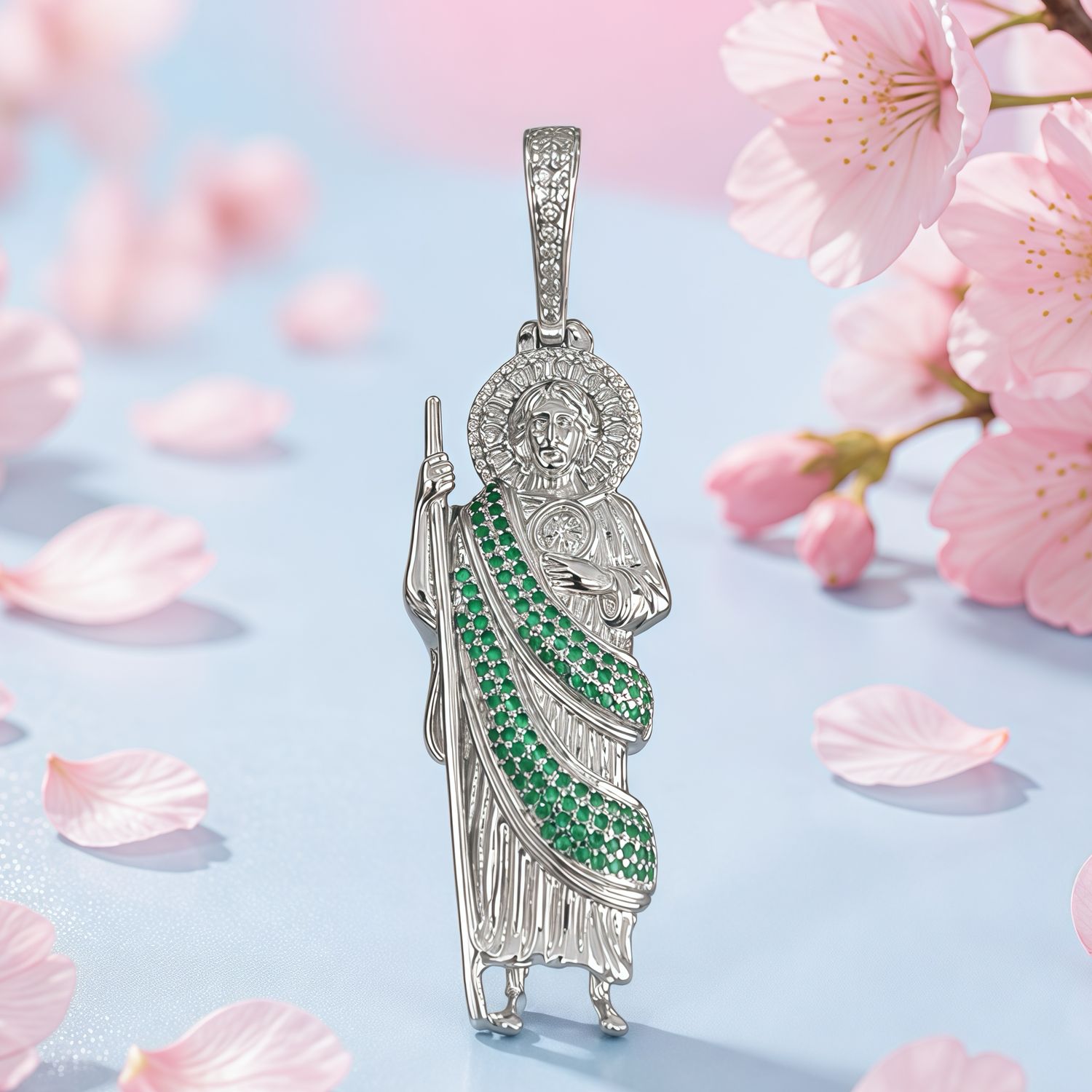 Dije San Judas Manto Verde 3D, 7cm Plata 925 Italiana con Rodio ideal para cadenas de 8mm de ancho