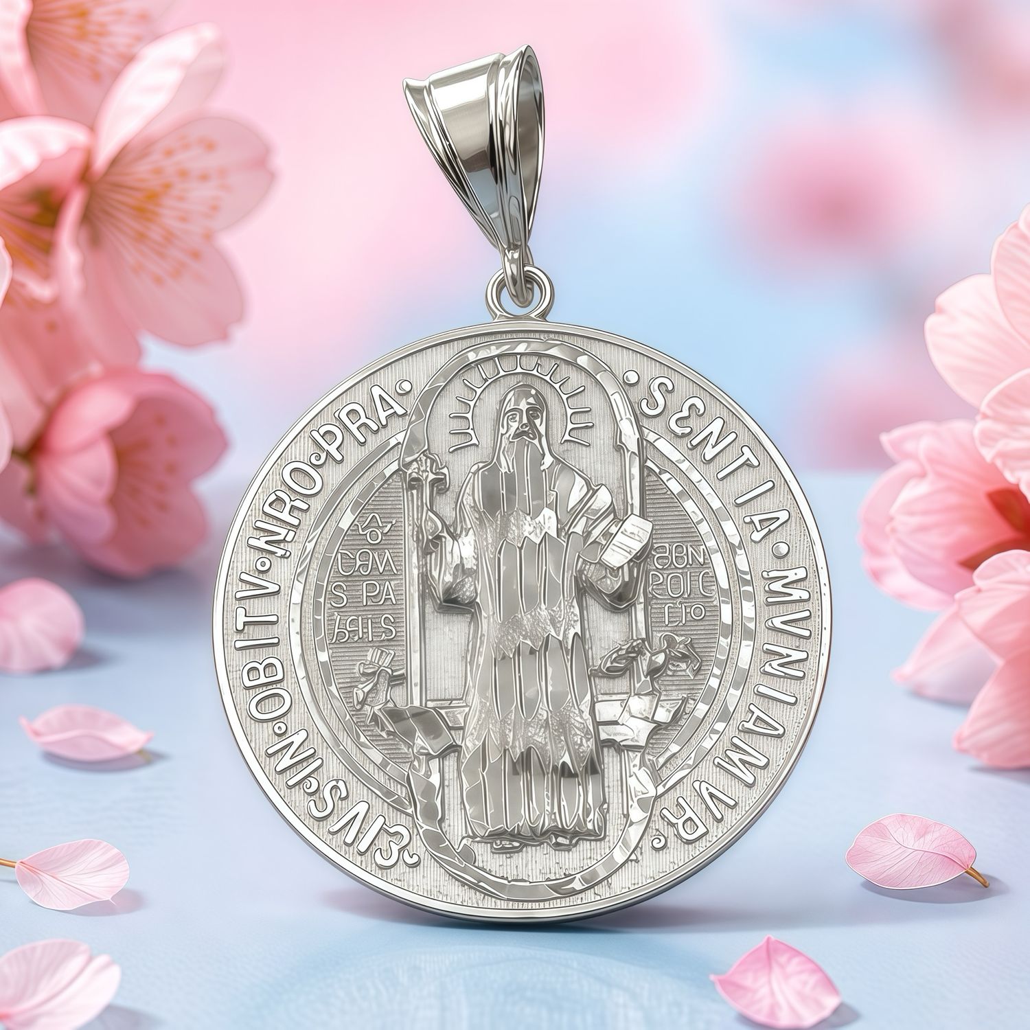 Medalla San Benito resaltado 5.5cm, ideal para cadenas gruesas de 8mm en plata 925 Mexicana