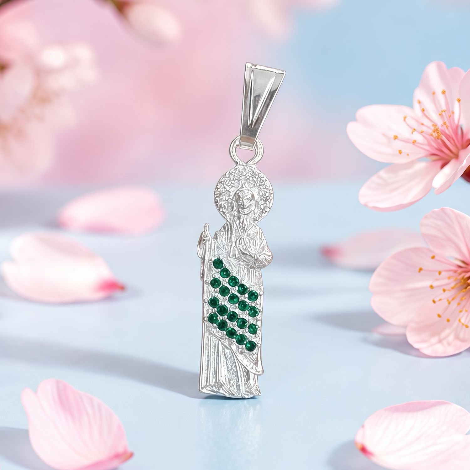 Dije San Judas Manto Verde 4cm Plata 925 mexicana, ideal para cadenas de 4mm de ancho