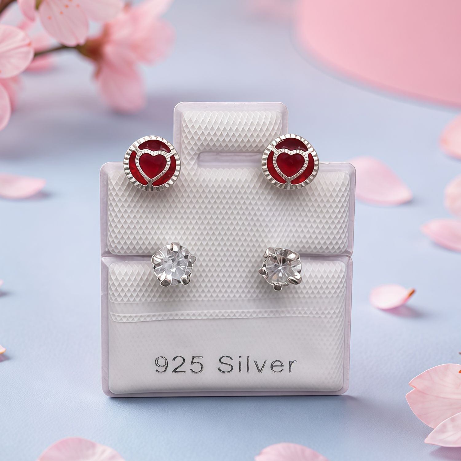 Broquel Curvo con Bisel y Corazon Blancos con Rojo  5mm Plata 925 MX