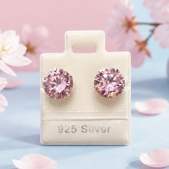 Broquel Recto Redondo Rosa Jumbo 8MM  con Broche de mariposa Plata 925 Mexicana