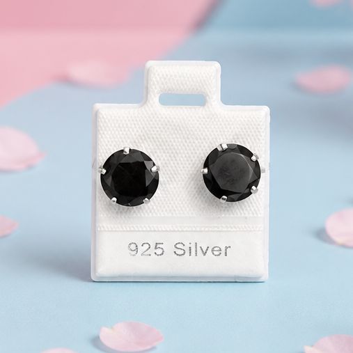 Broquel Recto Redondo Negro Jumbo 8MM  con Broche de mariposa Plata 925 Mexicana