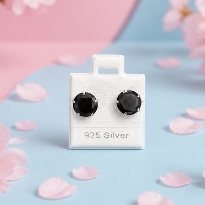 Broquel Recto Redondo Negro Jumbo 8MM  con Broche de mariposa Plata 925 Mexicana