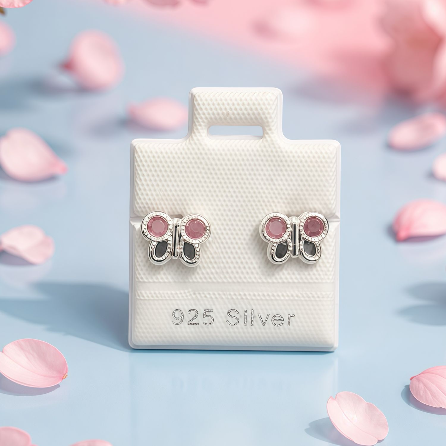 Broquel mariposa Rosa y Blanco plata 925, Bolita atrás