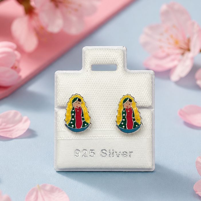 Broquel Virgencita de Guadalupe esmaltada. Broche de bolita, Plata 925 MX