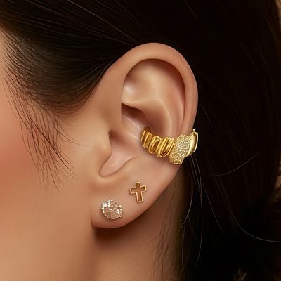 Falso Piercing Ear Cuff Plata 925 Italiana con Chapa de oro