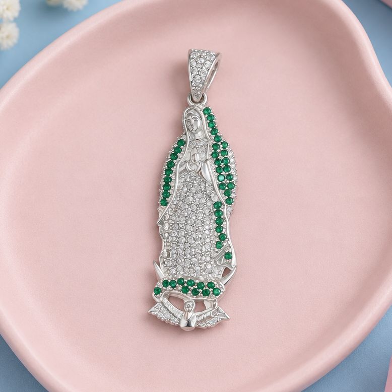 Dije Virgen de Guadalupe 5cm manto verde Plata 925 mexicana