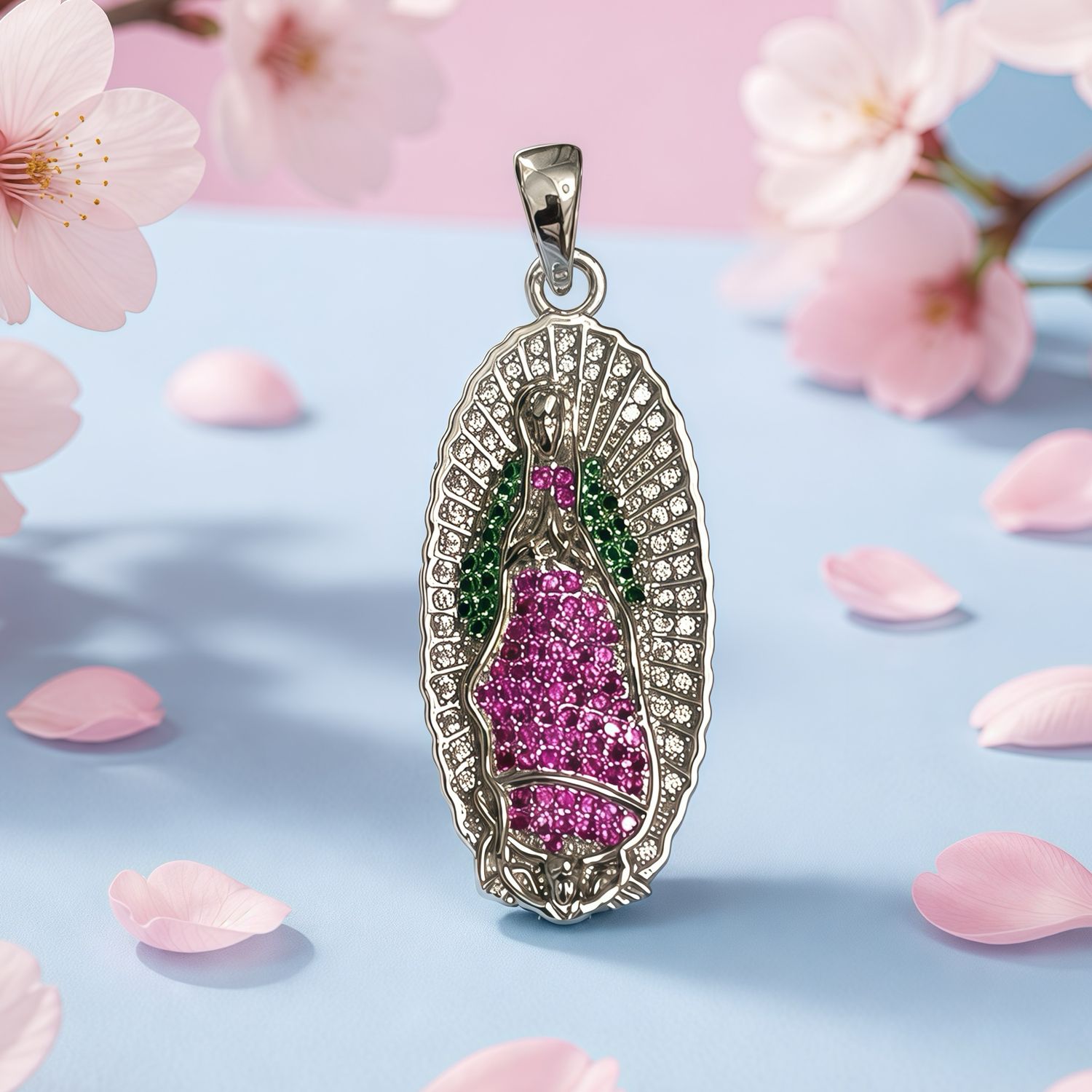 Virgen de Guadalupe 3D tricolor mide 4cm ideal para cadenas de 3mm o menos, Plata 925 italiana