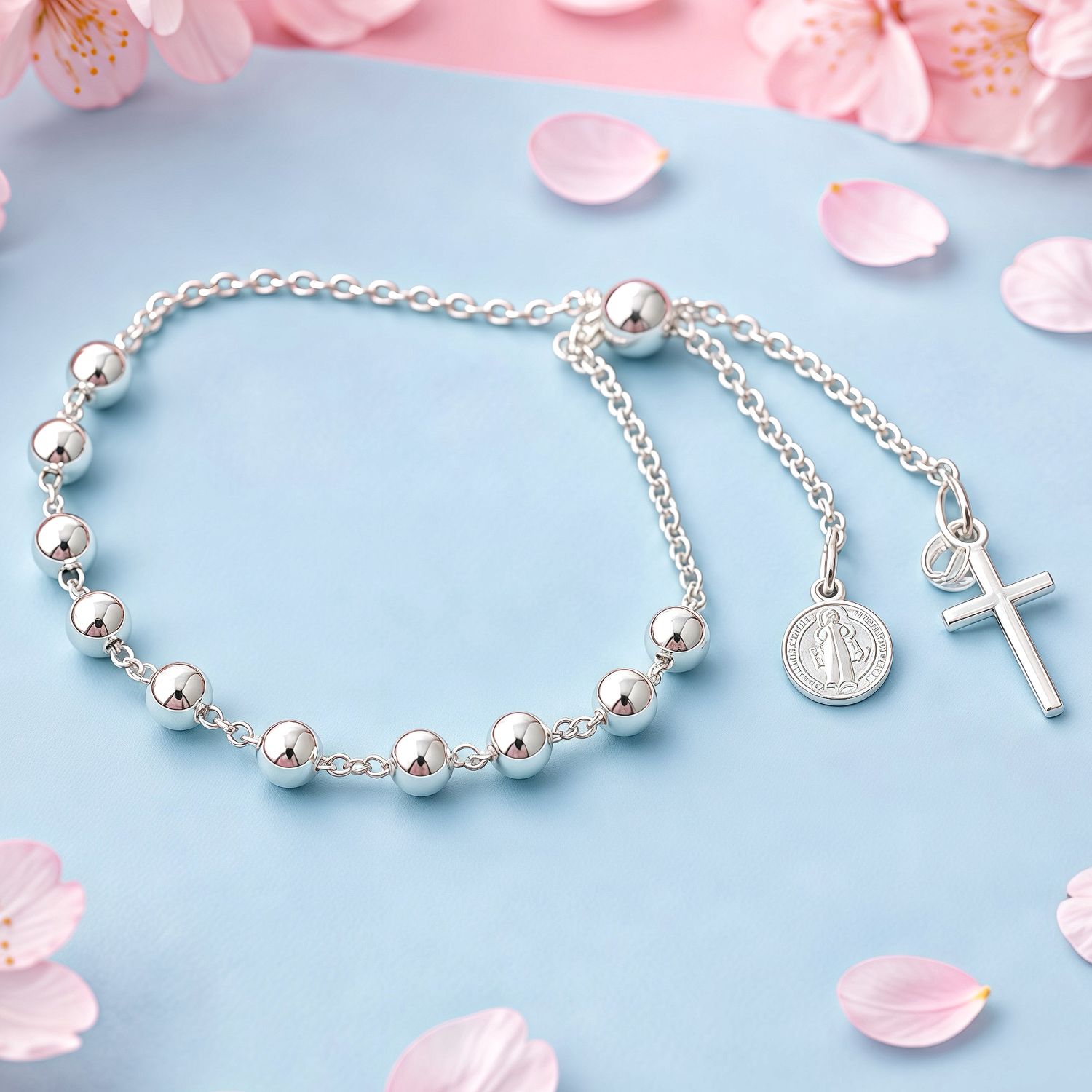 Pulsera misterio ajustable San Benito. Plata mexicana