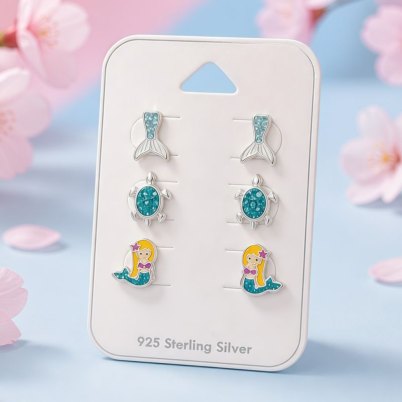 paquete de broquelitos esmaltados sirenita Party Plata 925 Thailandesa 3 pares con broche de mariposa mas taponcito.