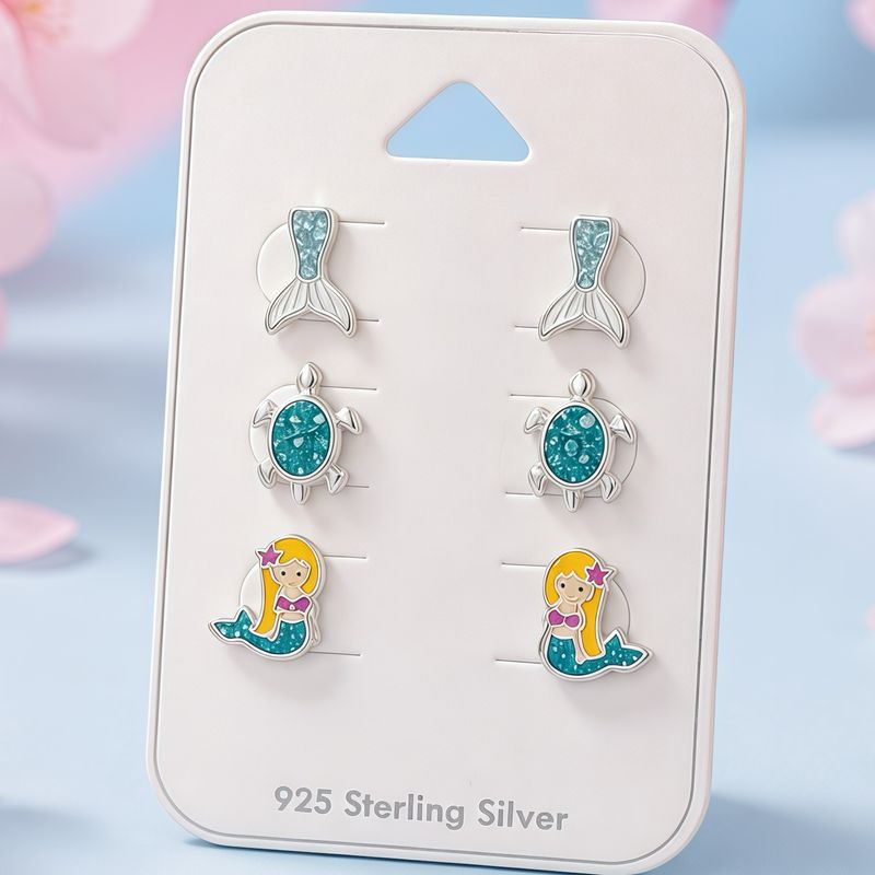 paquete de broquelitos esmaltados sirenita Party Plata 925 Thailandesa 3 pares con broche de mariposa mas taponcito.