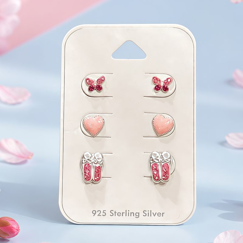 paquete de broquelitos esmaltados Bailarina  Party Plata 925 Thailandesa 3 pares con broche de mariposa mas taponcito.