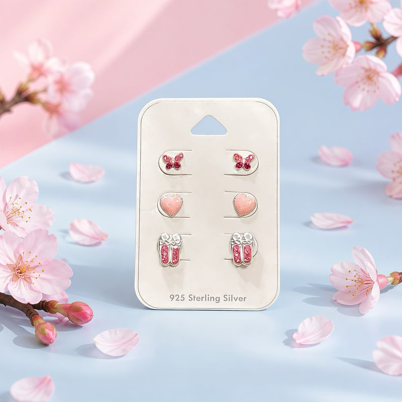 paquete de broquelitos esmaltados Bailarina  Party Plata 925 Thailandesa 3 pares con broche de mariposa mas taponcito.