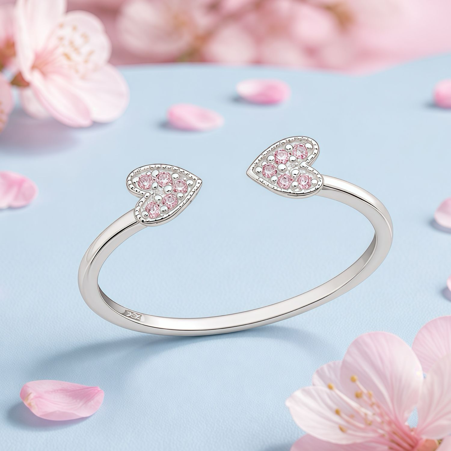 Anillo Doble Corazon ZC Rosa Plata 925 Thailandesa