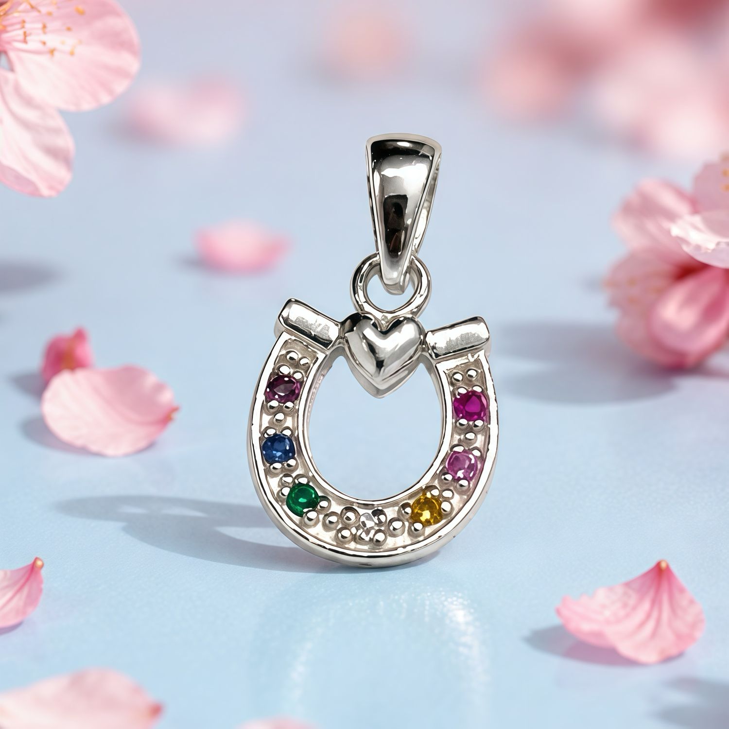 Dije Herradura Multicolor Corazon  mini mide 1cm Plata 925 Thailandesa