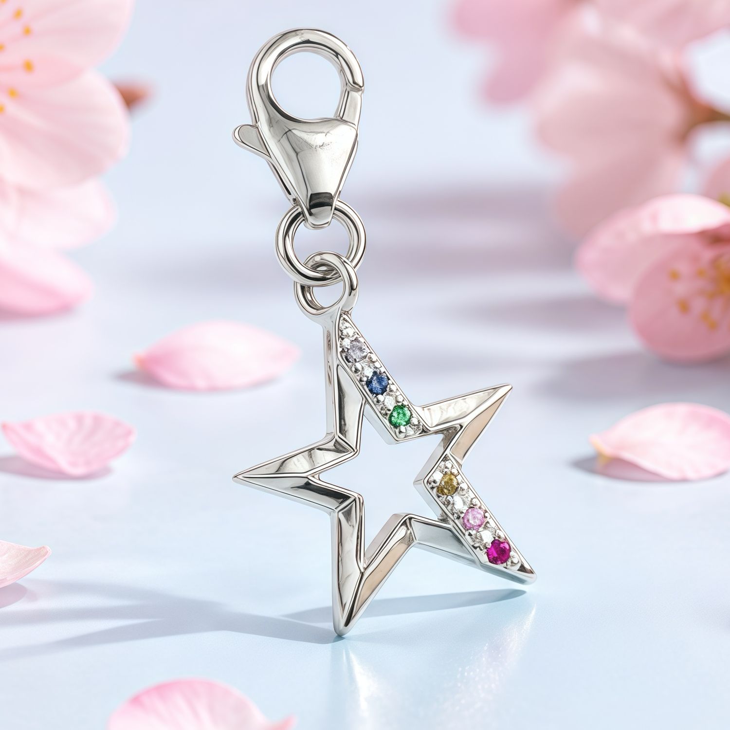 Dije Estrella Multicolor 2cm,  Plata 925 Thailandesa, Reasa de Broche de perico ideal para cadenas, pulseras y tobilleras,