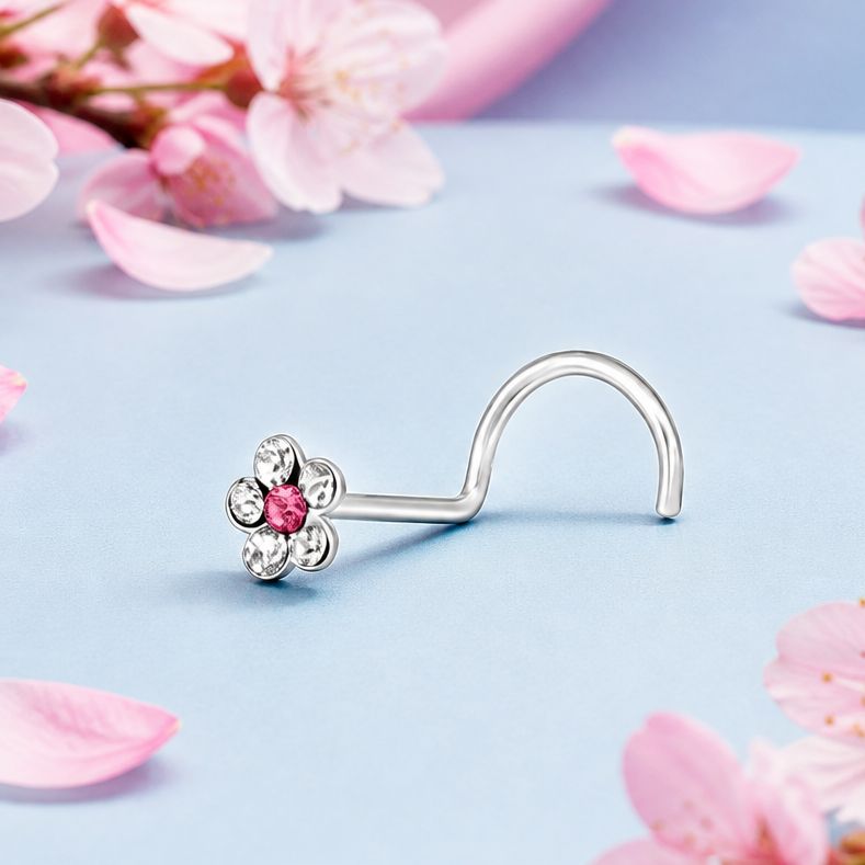 Paquete 5 Piercing Nouse (Arete Nariz)   Tornillo Florecita Blanca con Rosa  Plata 925 Tailandés