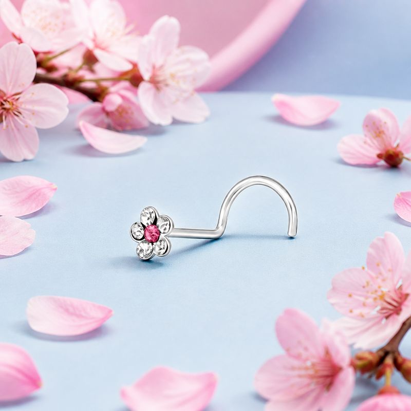 Paquete 5 Piercing Nouse (Arete Nariz)   Tornillo Florecita Blanca con Rosa  Plata 925 Tailandés