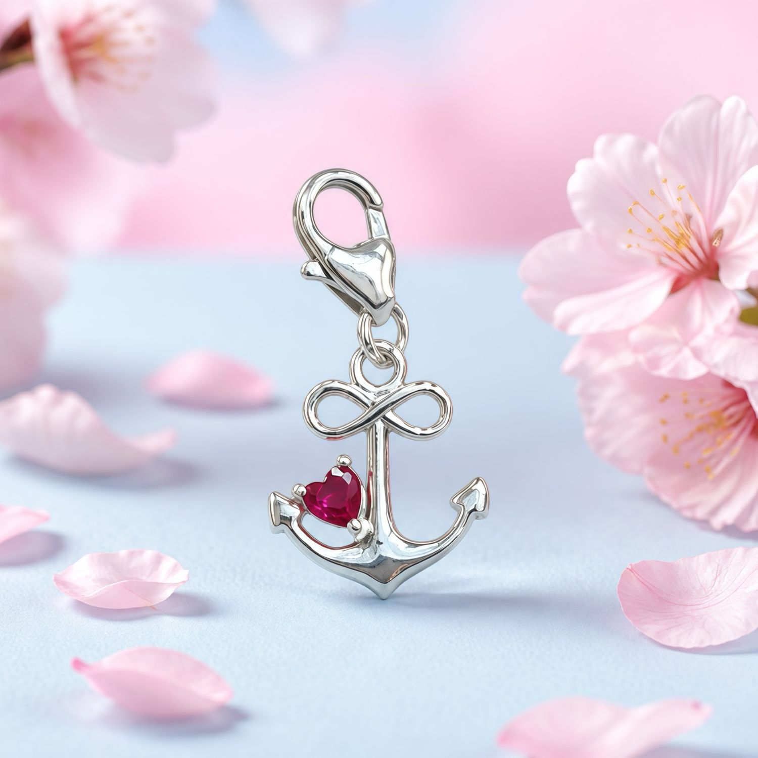 Dije Ancla Corazon ZC Rojo mide 1.5cm,  Plata 925 Thailandesa, Reasa de Broche de perico ideal para cadenas, pulseras y tobilleras,
