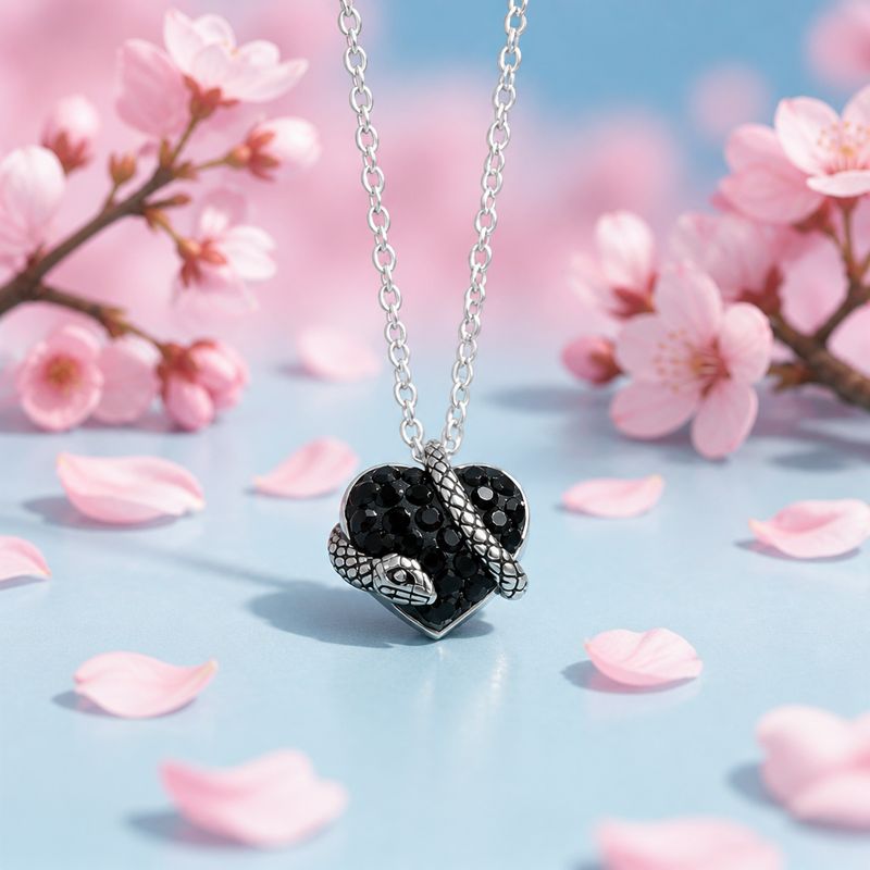 Collar Corazon serpiente con cristales negros mide 1cm y 18" de largo, Plata 925 tailandesa