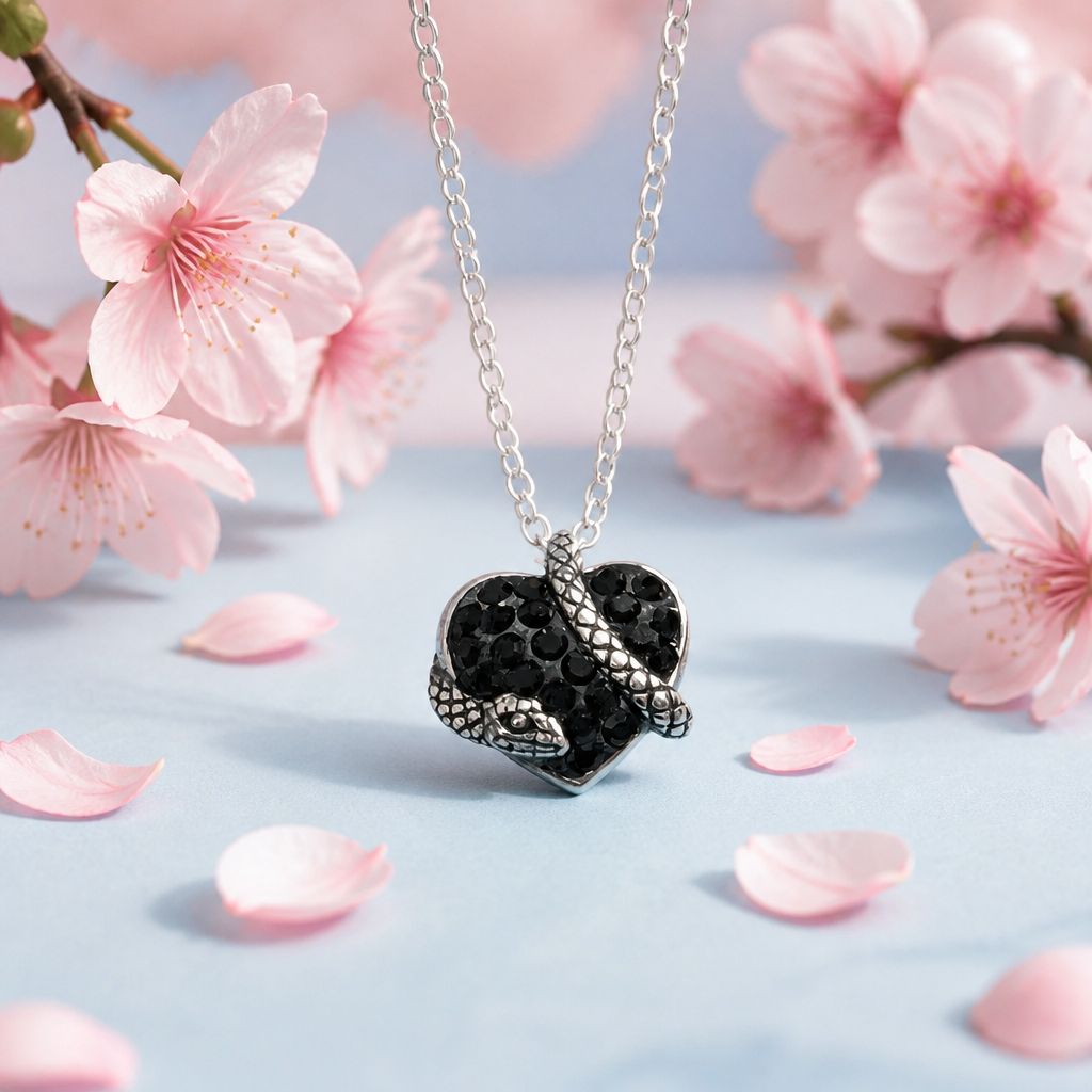 Collar Corazon serpiente con cristales negros mide 1cm y 18" de largo, Plata 925 tailandesa