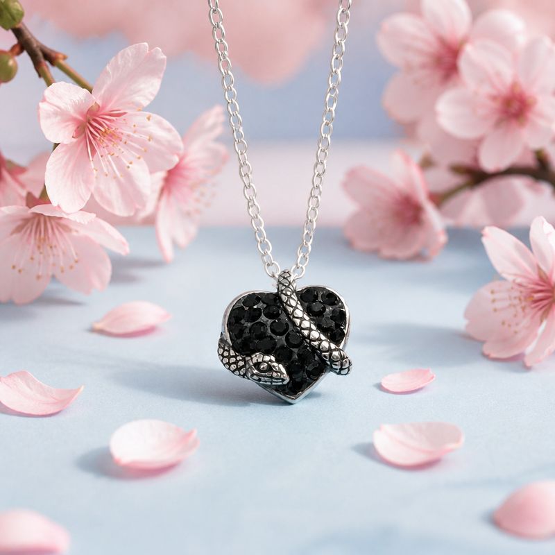 Collar Corazon serpiente con cristales negros mide 1cm y 18" de largo, Plata 925 tailandesa