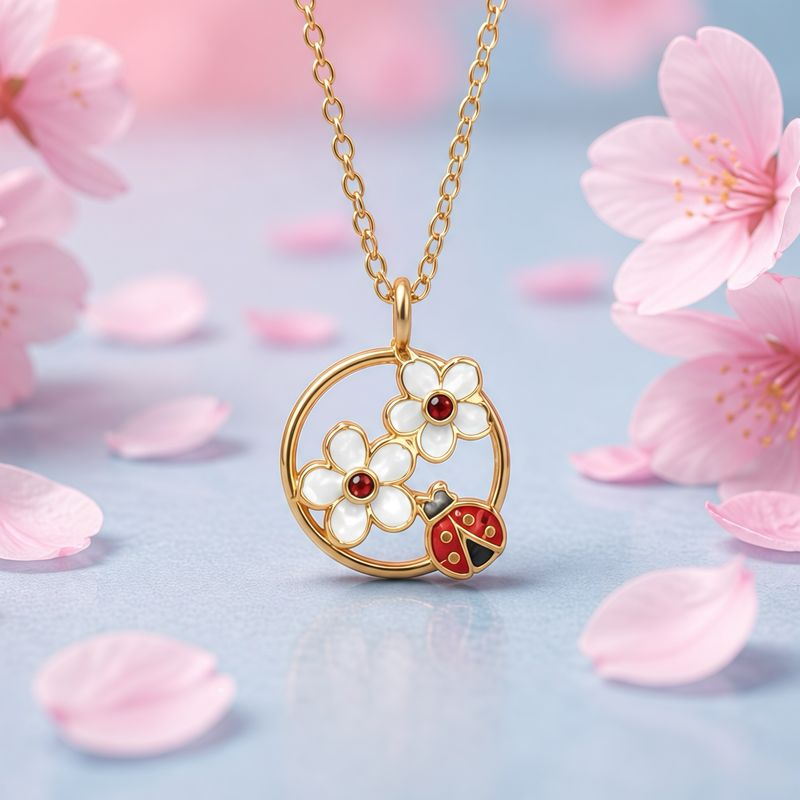 Collar  Margaritas y LadyBug con Chapa de oro 18K en plata 925 tailandesa, mide 18" de largo y el corazon 1.5cm