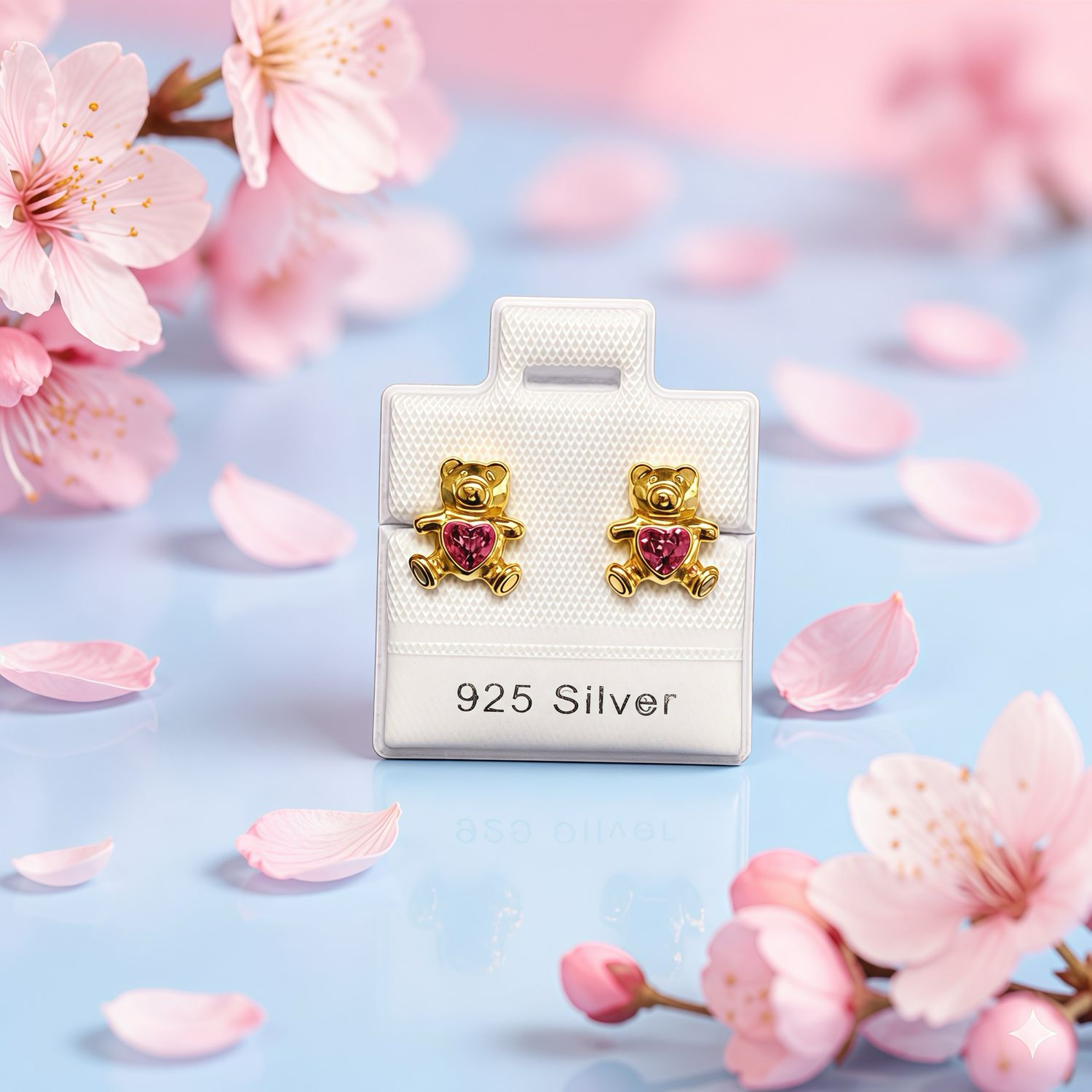 Broquel Osito corazon Rosa Banado en oro de 18K, fabricado en plata 925 Thailandesa, Broche de Mariposa cubierto en silicona que no lastima