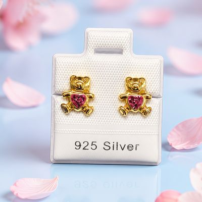 Broquel Osito corazon Rosa Banado en oro de 18K, fabricado en plata 925 Thailandesa, Broche de Mariposa cubierto en silicona que no lastima