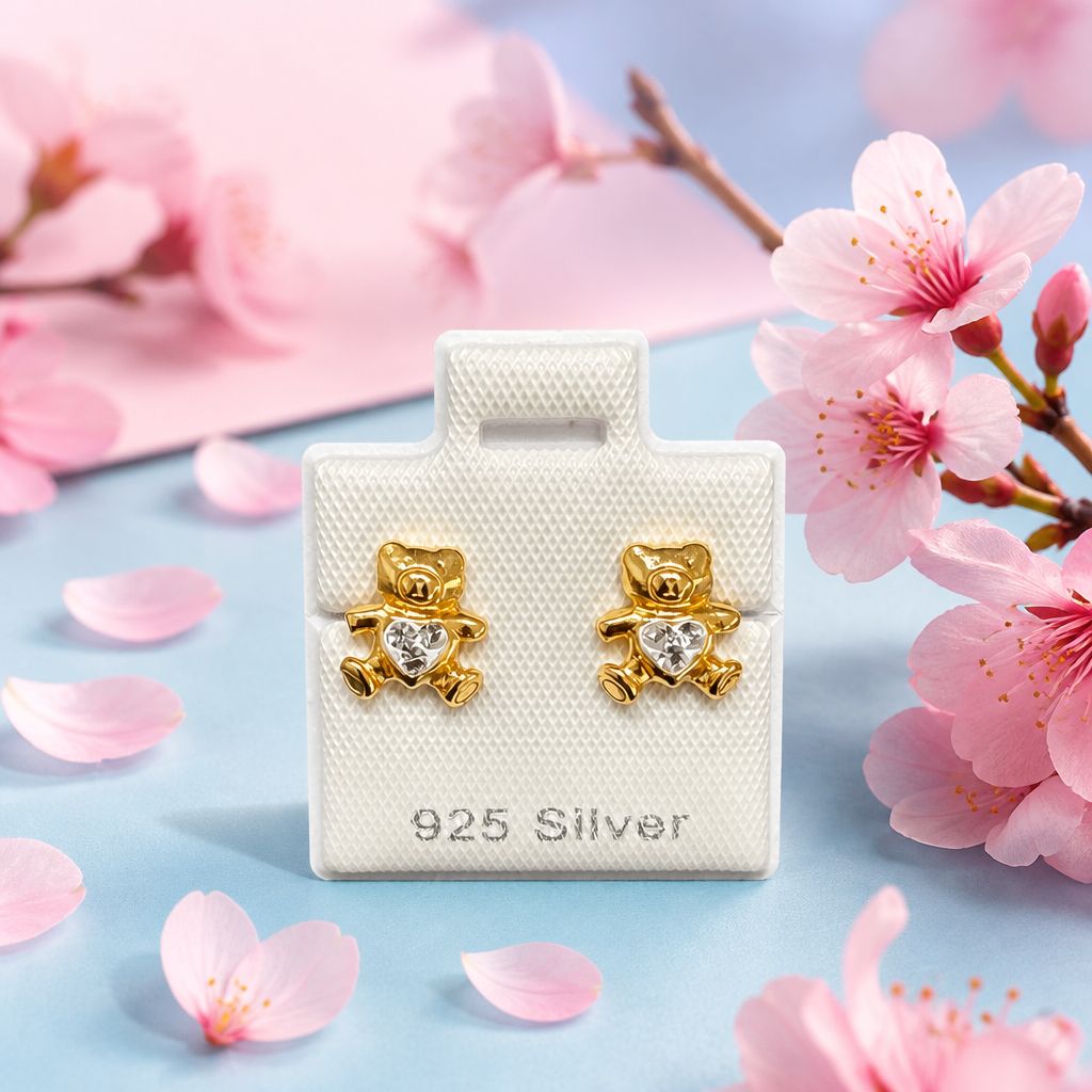 Broquel Osito corazon Blanco Banado en oro de 18K, fabricado en plata 925 Thailandesa, Broche de Mariposa cubierto en silicona que no lastima