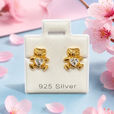 Broquel Osito corazon Blanco Banado en oro de 18K, fabricado en plata 925 Thailandesa, Broche de Mariposa cubierto en silicona que no lastima