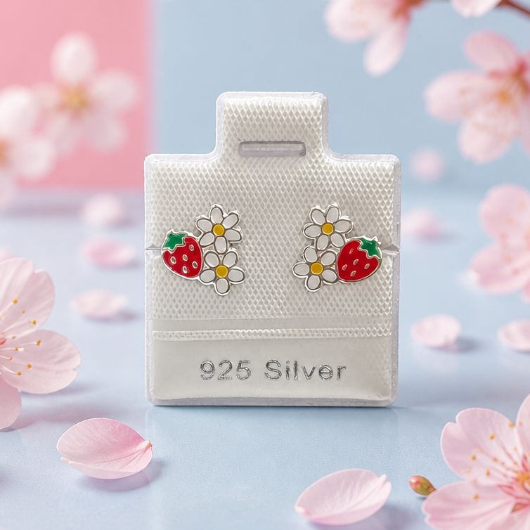 Broquel Fresita y Margaritas Esmaltado Plata 925 Thailandesa, Broche de mariposa