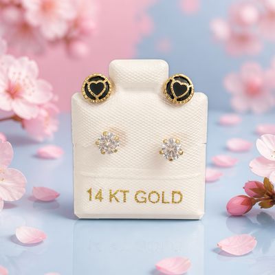 Broquel Curvo Negro corazon con Blanco Oro 14k Mexicano