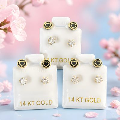 Broquel Curvo Negro corazon con Blanco Oro 14k Mexicano