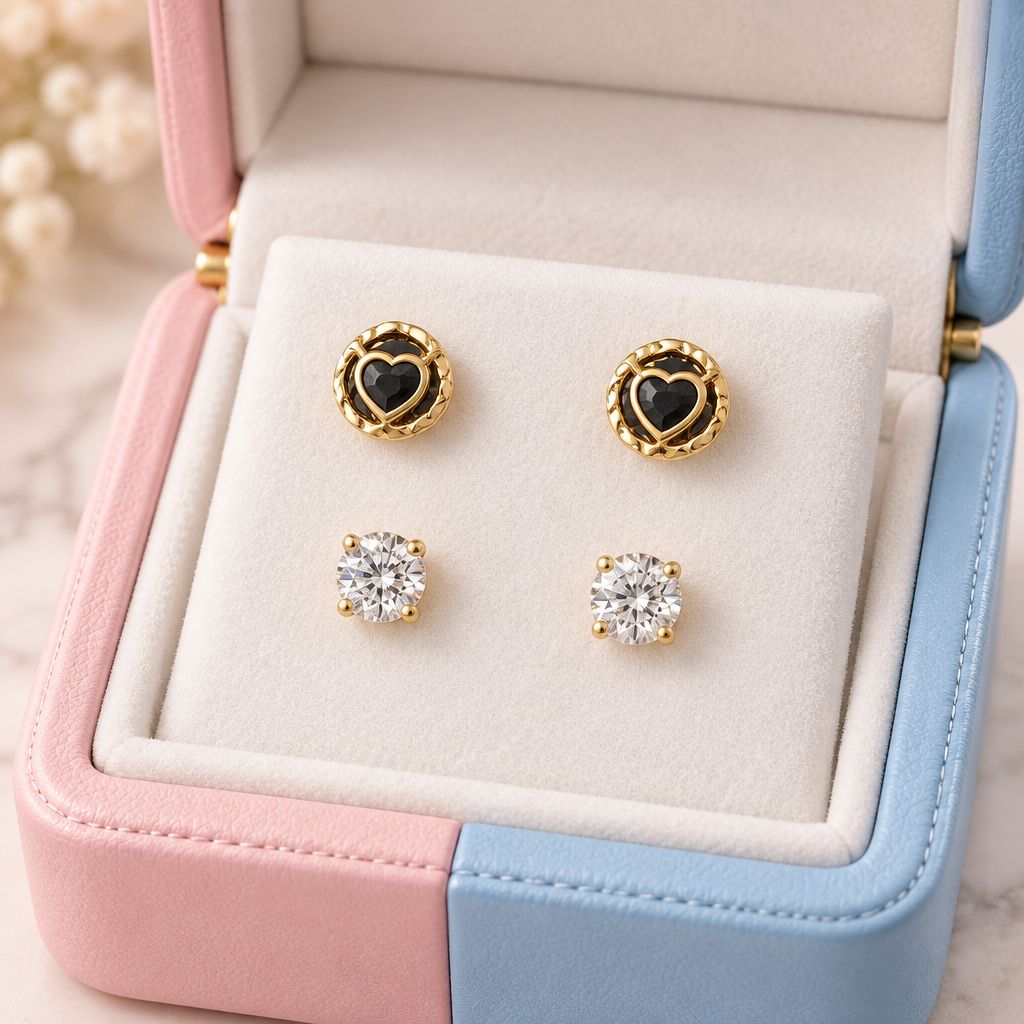 Broquel Curvo Negro corazon con Blanco Oro 14k Mexicano