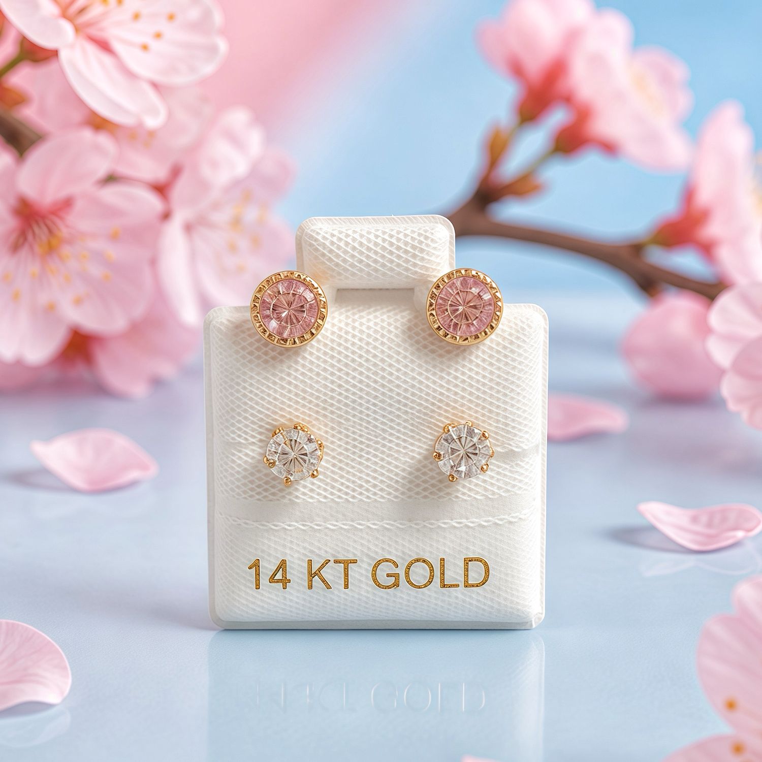 Broquel Curvo Rosa corazon con Blanco Oro 14k Mexicano