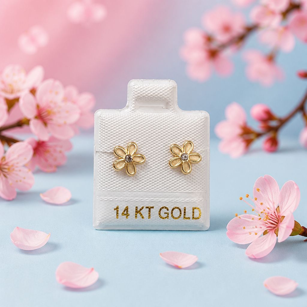 Broquel Florecita 5 Petalos Arenada Oro 14K MX