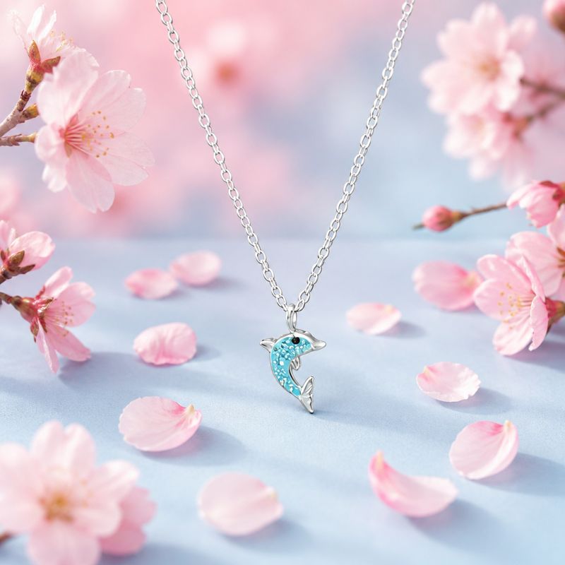 Collar Delfin con cristales mide 1cm, cadena 18" de largo Plata 925 Thailandesa