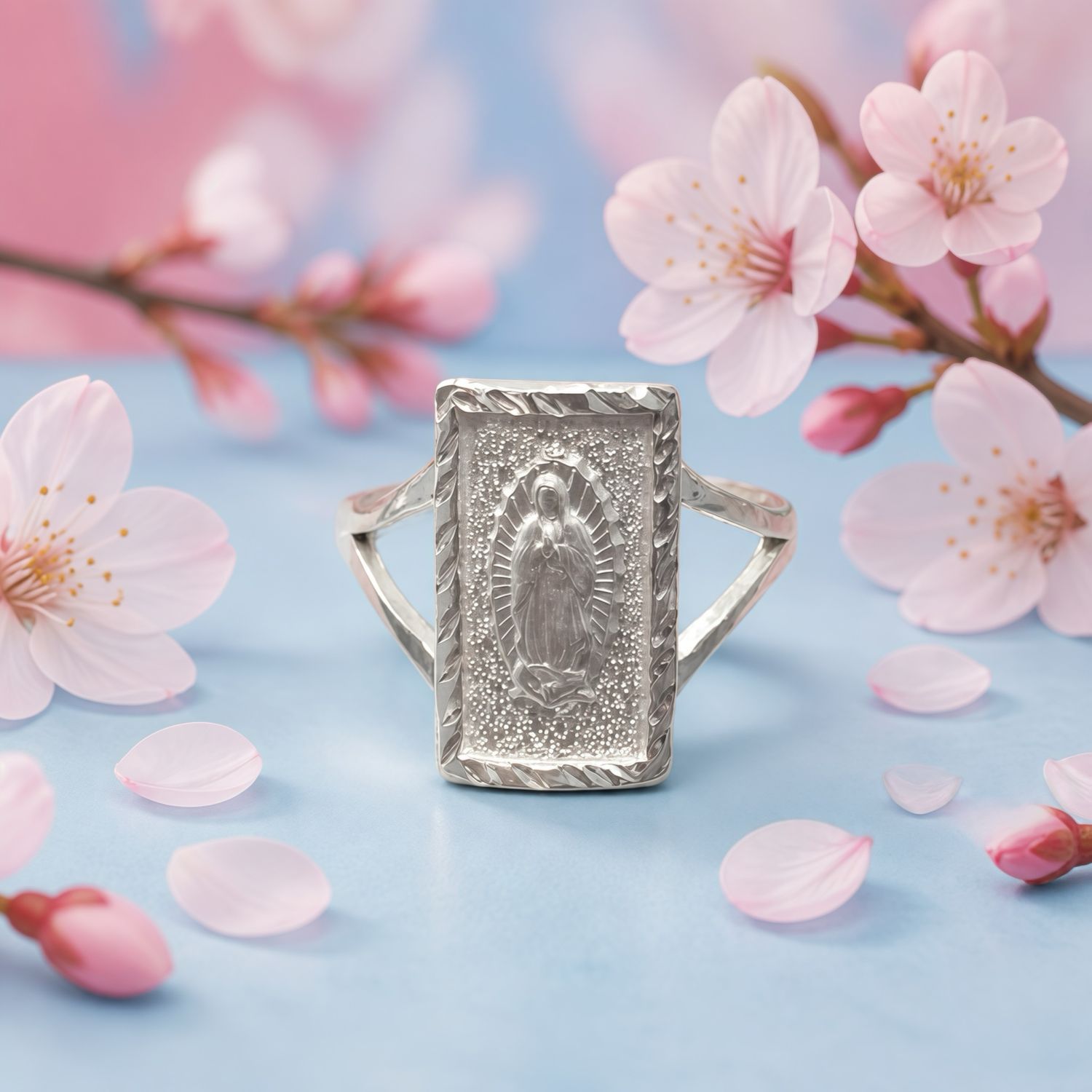 Anillo Virgen de Guadalupe Diamantado Grande Plata 925 Mexicana