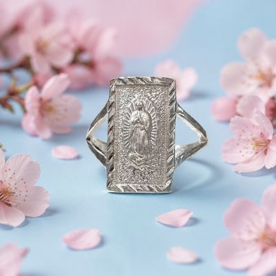Anillo Virgen de Guadalupe Diamantado Grande Plata 925 Mexicana