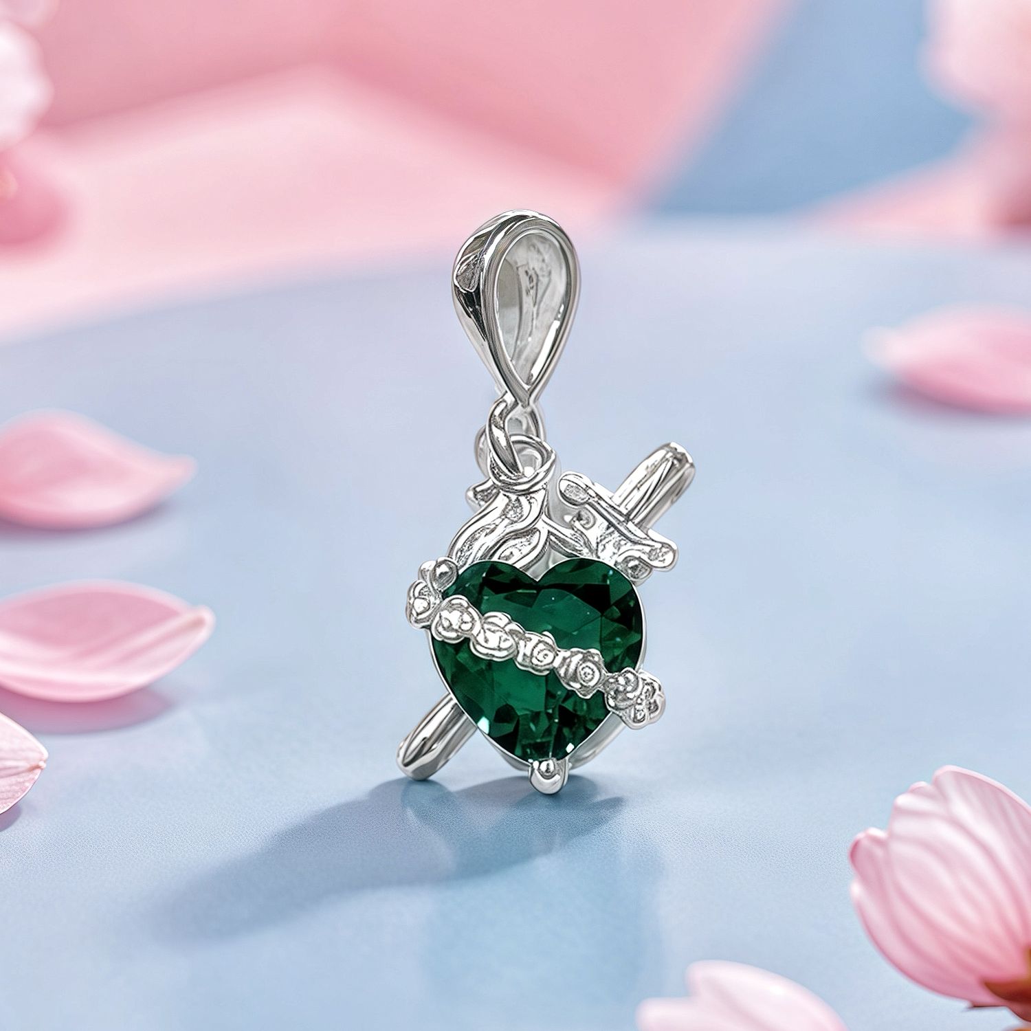 Dije inmaculado corazón de María color verde esmeralda   plata 925 Mexicana
