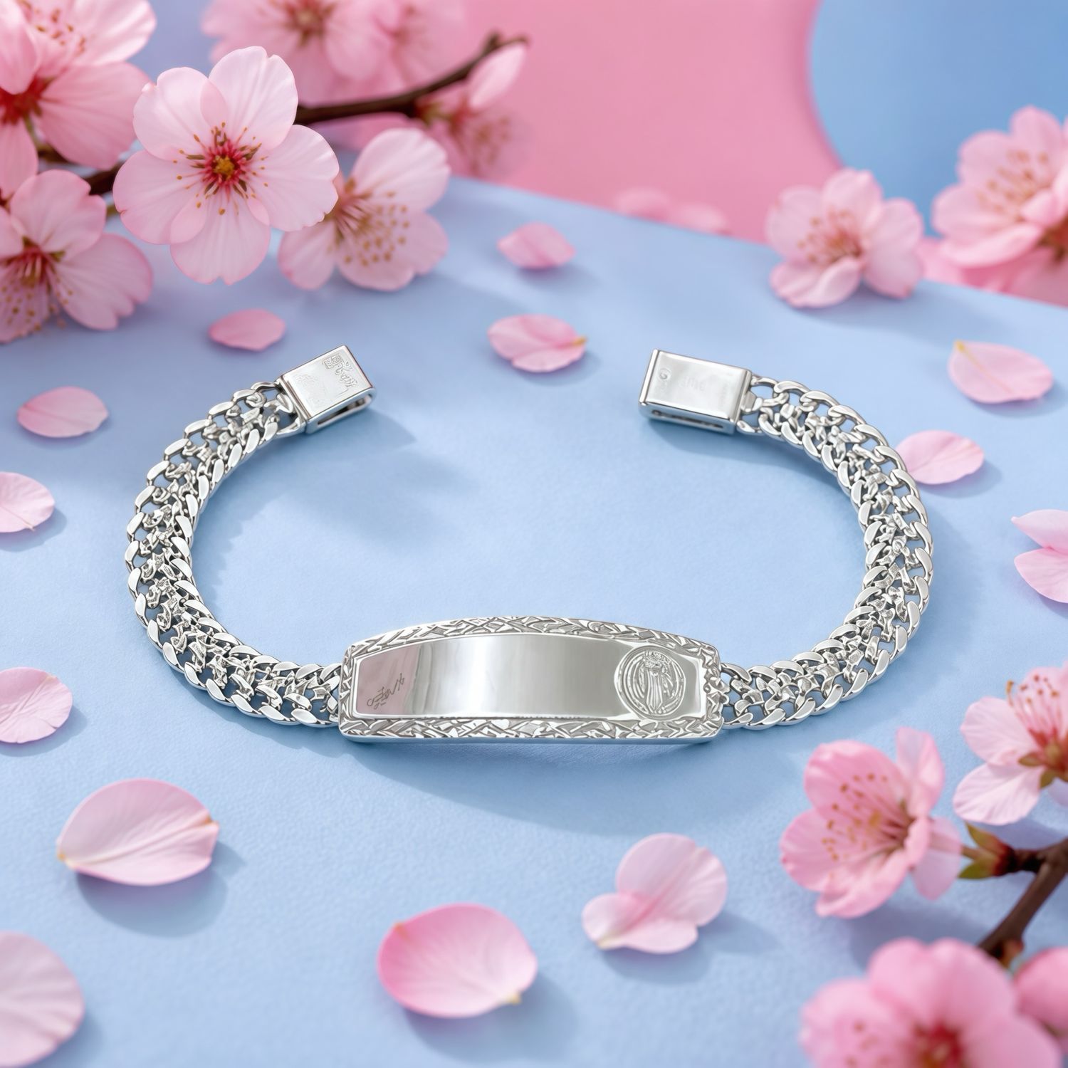 Pulsera Tejido Chino 8.5MM con Placa San Benito (14mm) 8" de largo Plata 925 Hecho a Mano Mexicana