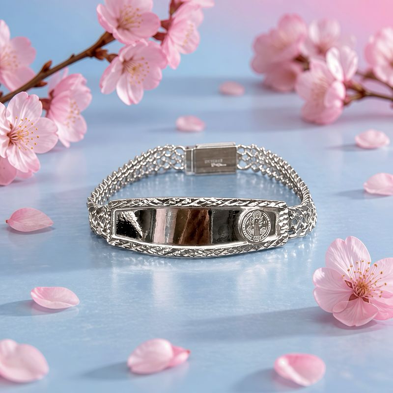 Pulsera Tejido Chino 8.5MM con Placa San Benito (14mm) 8" de largo Plata 925 Hecho a Mano Mexicana