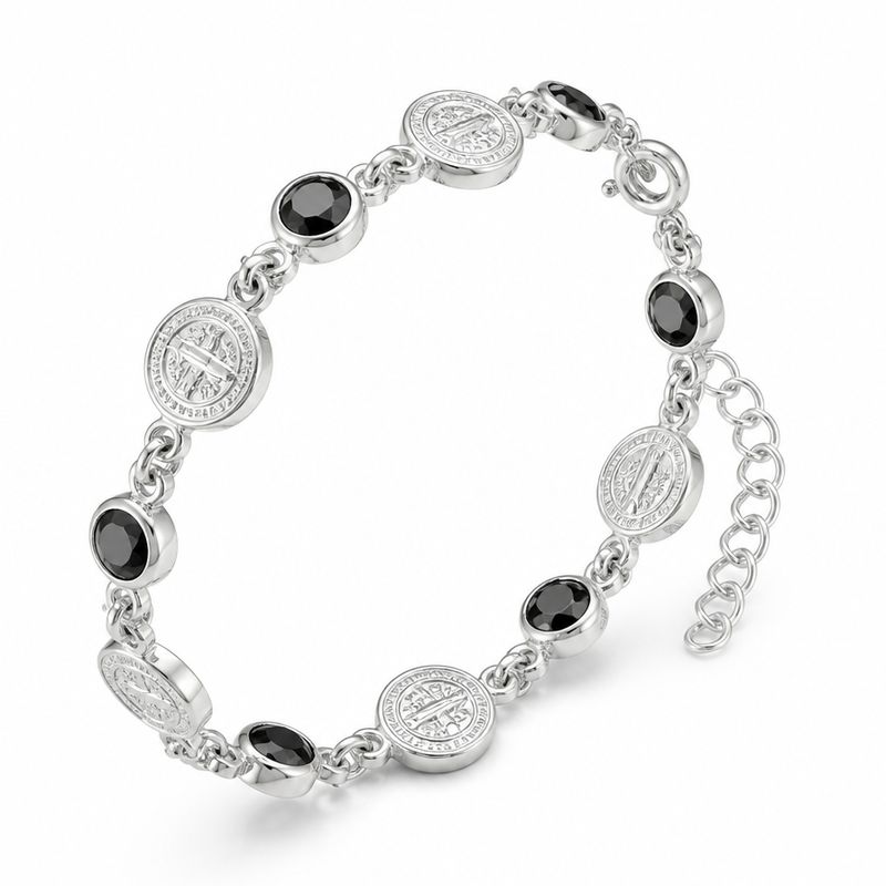 Pulsera San Benito 6 Monedas, mide 8" con Extension Plata 925 Mexicana