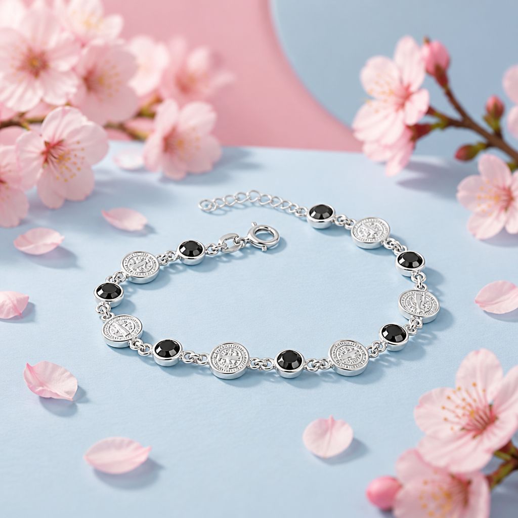 Pulsera San Benito 6 Monedas, mide 8" con Extension Plata 925 Mexicana