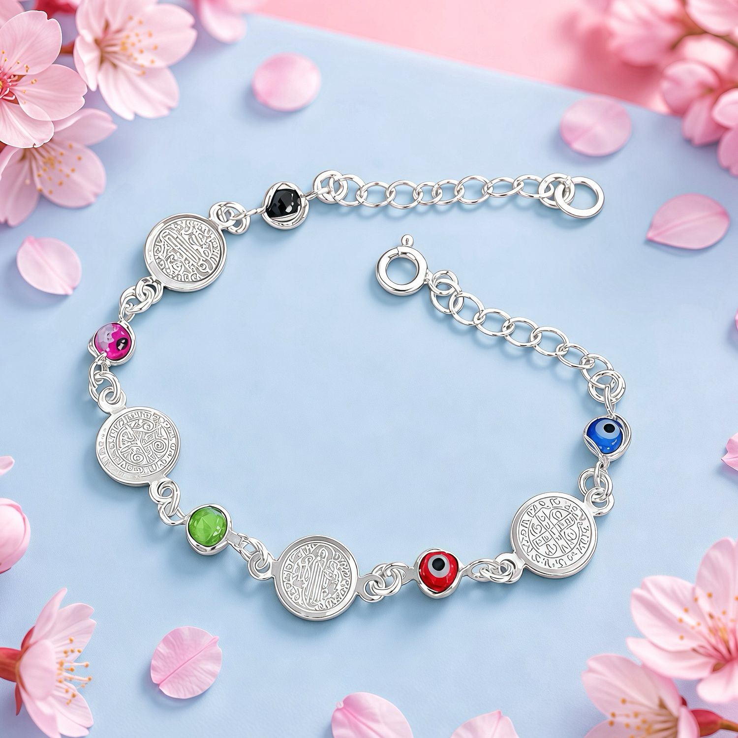 Pulsera Ojitos con San Benito mide 7" con extensión Plata 925 Mexicana