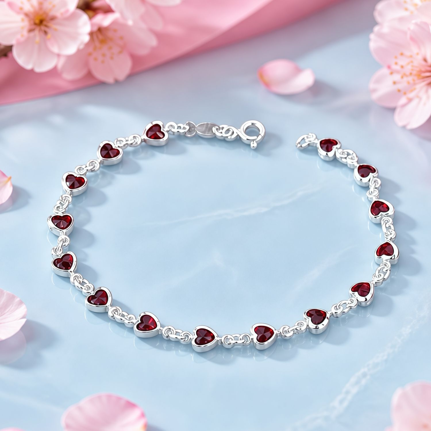 Pulsera Corazones Rojos mide 7.5" Plata 925 Mexicana